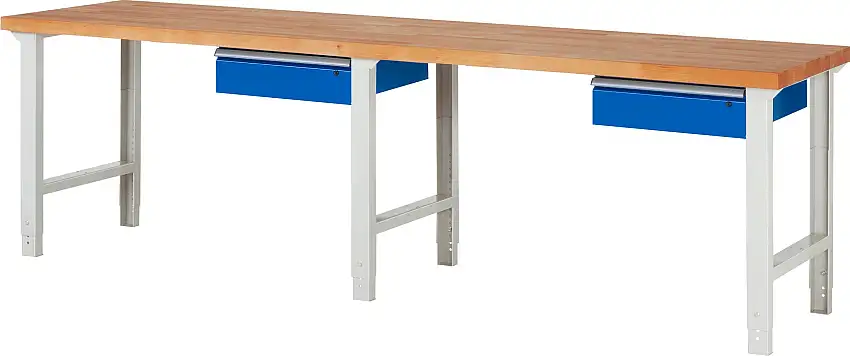 Werkbank Serie 7000 - Modell 7001 | HxBxT 79-114x300x70cm | 2x Schublade | Schubladenmaße 2x150mm | Lichtgrau