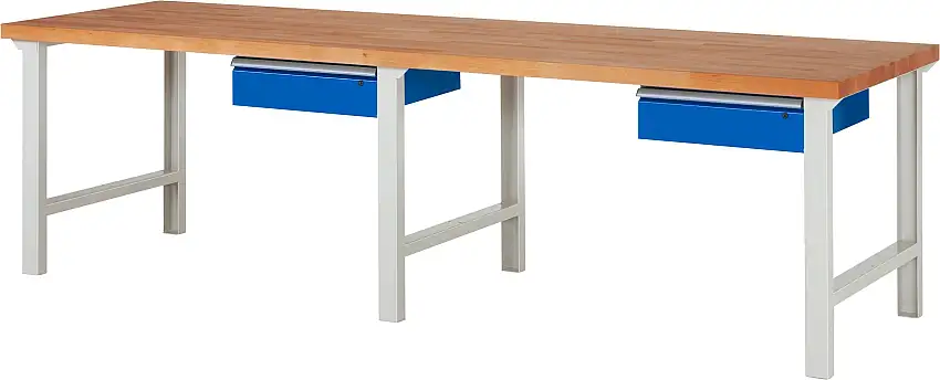 Werkbank Serie 7000 - Modell 7001 | HxBxT 79-114x300x90cm | 2x Schublade | Schubladenmaße 2x150mm | Lichtgrau