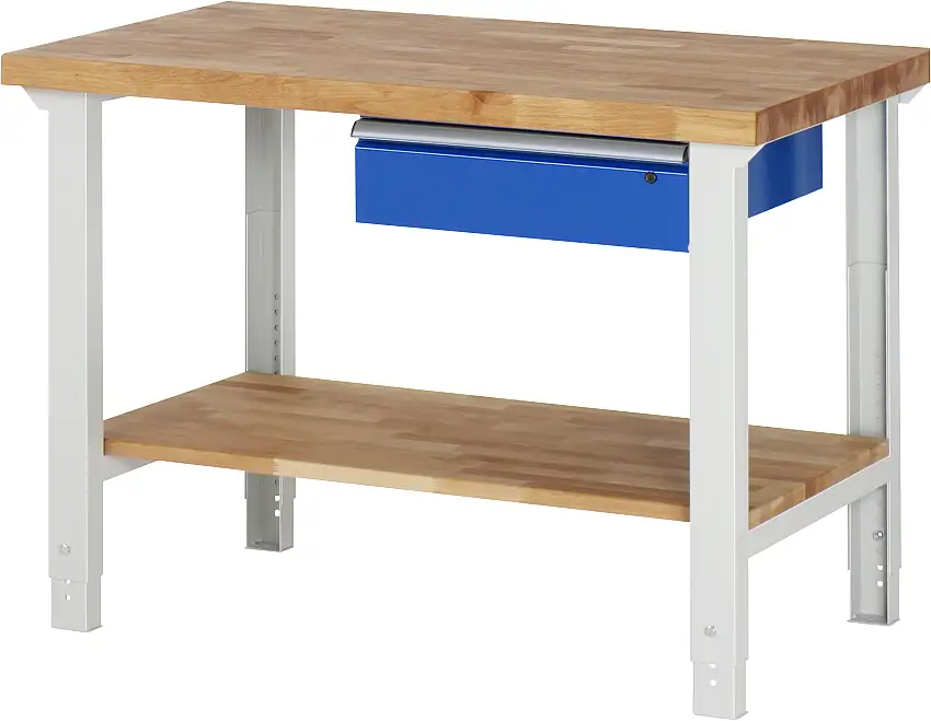 Werkbank Serie 7000 - Modell 7001 | HxBxT 79-114x125x70cm | 1x Schublade + Ablageboden | Schubladenmaße 1x150mm | Lichtgrau