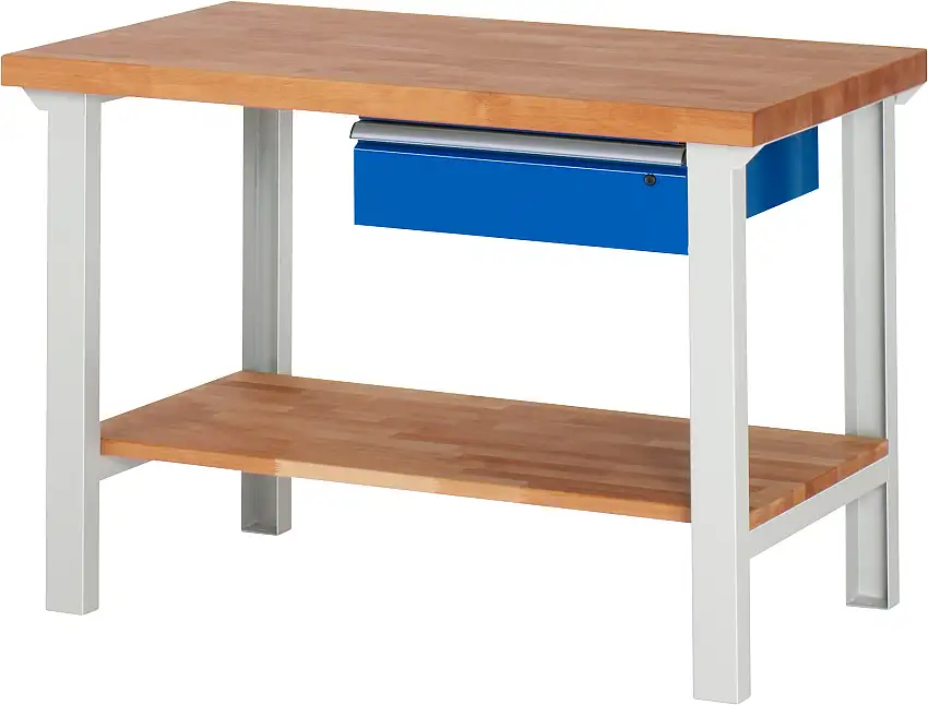 Werkbank Serie 7000 - Modell 7001 | HxBxT 84x125x70cm | 1x Schublade + Ablageboden | Schubladenmaße 1x150mm | Lichtgrau