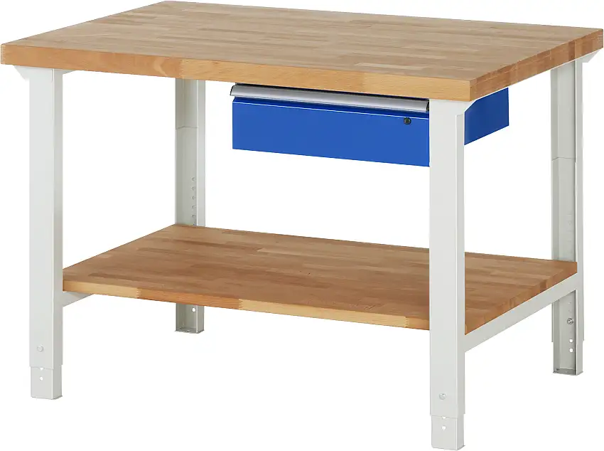 Werkbank Serie 7000 - Modell 7001 | HxBxT 79-114x125x90cm | 1x Schublade + Ablageboden | Schubladenmaße 1x150mm | Lichtgrau