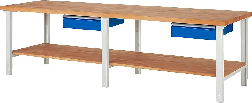 Werkbank Serie 7000 - Modell 7001 | HxBxT 79-114x300x90cm | 2x Schublade + Ablageboden | Schubladenmaße 2x150mm | Lichtgrau