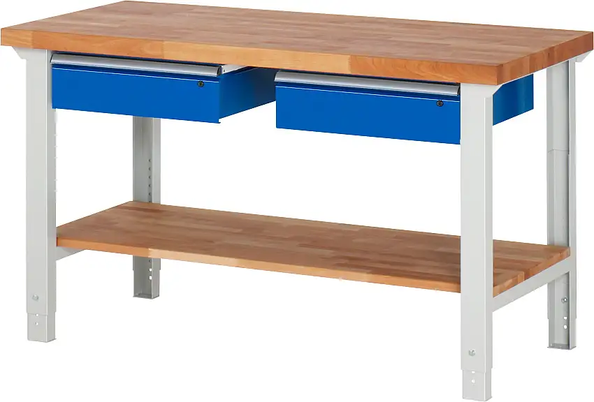 Werkbank Serie 7000 - Modell 7002 | HxBxT 79-114x150x70cm | 2x Schublade + Ablageboden | Schubladenmaße 2x150mm | Lichtgrau