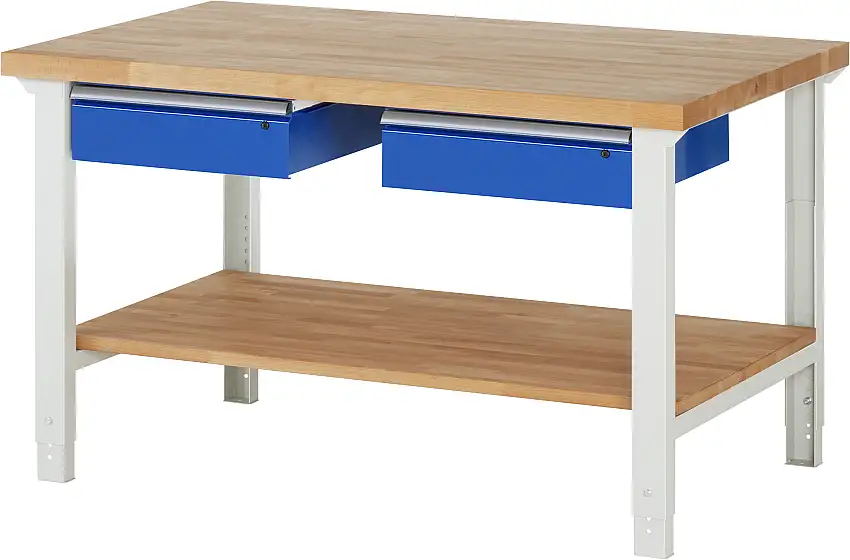 Werkbank Serie 7000 - Modell 7002 | HxBxT 79-114x150x90cm | 2x Schublade + Ablageboden | Schubladenmaße 2x150mm | Lichtgrau