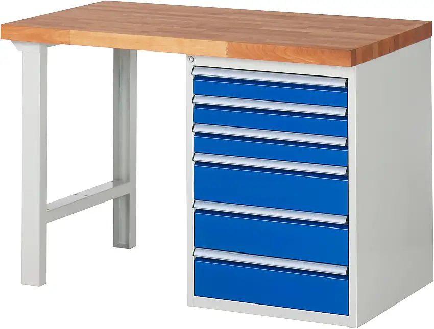 Werkbank Serie 7000 - Modell 7515 | HxBxT 84x125x70cm | 6x Schublade | Schubladenmaße 3x90 + 3x150mm | Lichtgrau
