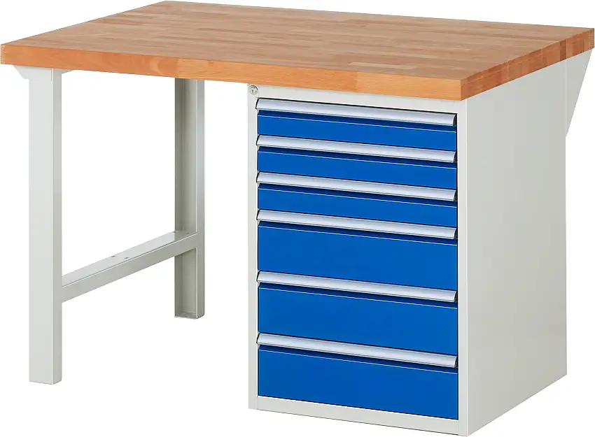 Werkbank Serie 7000 - Modell 7515 | HxBxT 84x125x90cm | 6x Schublade | Schubladenmaße 3x90 + 3x150mm | Lichtgrau