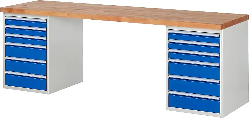 Werkbank Serie 7000 - Modell 7515 | HxBxT 89x250x70cm | 12x Schublade | Schubladenmaße 6x90 + 6x150mm | Lichtgrau