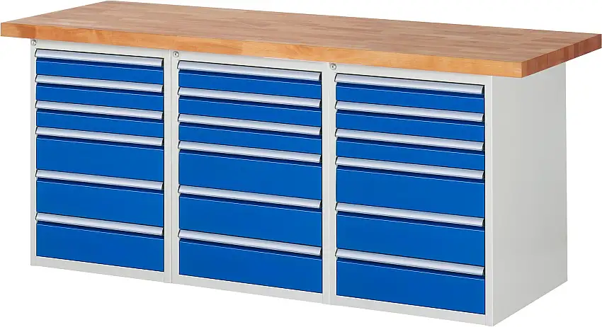 Werkbank Serie 7000 - Modell 7515 | HxBxT 89x200x70cm | 18x Schublade | Schubladenmaße 9x90 + 9x150mm | Lichtgrau