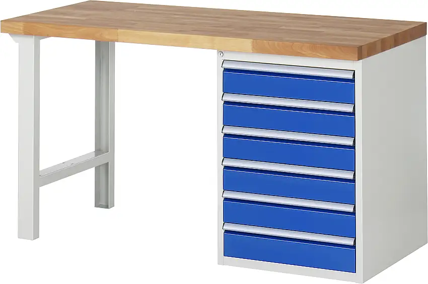 Werkbank Serie 7000 - Modell 7516 | HxBxT 89x150x70cm | 6x Schublade | Schubladenmaße 6x120mm | Lichtgrau