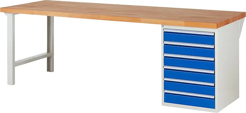 Werkbank Serie 7000 - Modell 7516 | HxBxT 84x250x90cm | 6x Schublade | Schubladenmaße 6x120mm | Lichtgrau