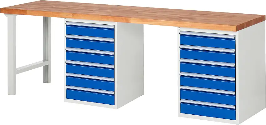 Werkbank Serie 7000 - Modell 7516 | HxBxT 84x250x70cm | 12x Schublade | Schubladenmaße 12x120mm | Lichtgrau