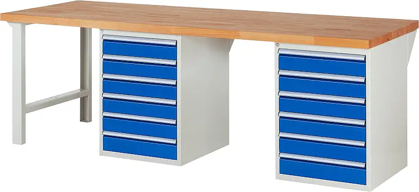 Werkbank Serie 7000 - Modell 7516 | HxBxT 84x250x90cm | 12x Schublade | Schubladenmaße 12x120mm | Lichtgrau