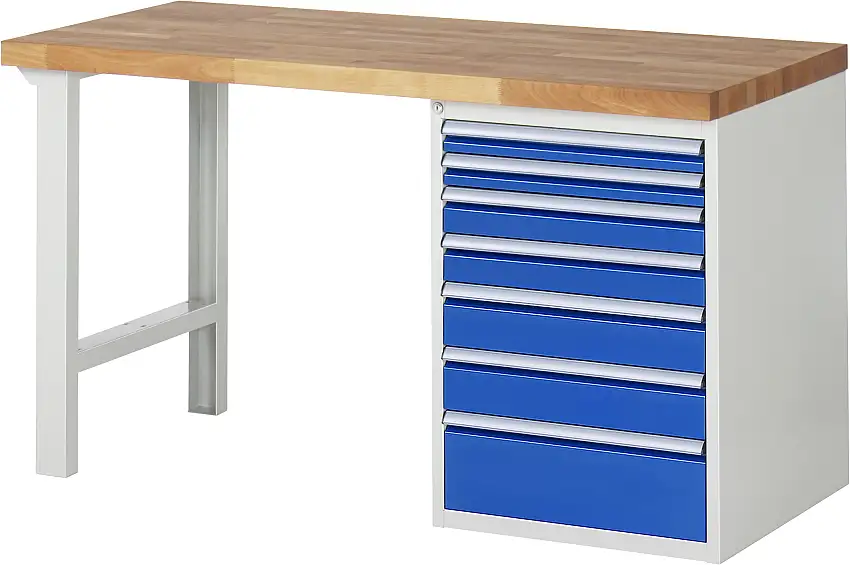 Werkbank Serie 7000 - Modell 7517 | HxBxT 89x150x70cm | 7x Schublade | Schubladenmaße 2x60 + 2x90 + 2x120 + 1x180mm | Lichtgrau