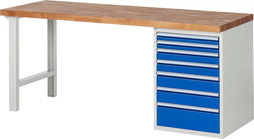 Werkbank Serie 7000 - Modell 7517 | HxBxT 89x200x70cm | 7x Schublade | Schubladenmaße 2x60 + 2x90 + 2x120 + 1x180mm | Lichtgrau