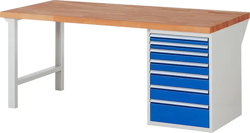 Werkbank Serie 7000 - Modell 7517 | HxBxT 89x200x90cm | 7x Schublade | Schubladenmaße 2x60 + 2x90 + 2x120 + 1x180mm | Lichtgrau