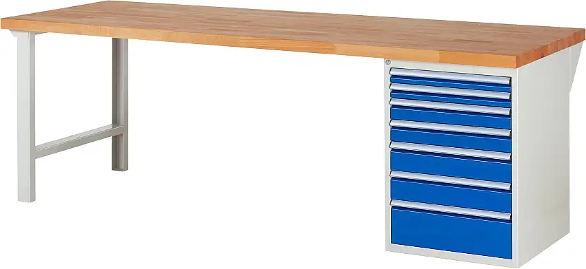 Werkbank Serie 7000 - Modell 7517 | HxBxT 89x250x90cm | 7x Schublade | Schubladenmaße 2x60 + 2x90 + 2x120 + 1x180mm | Lichtgrau