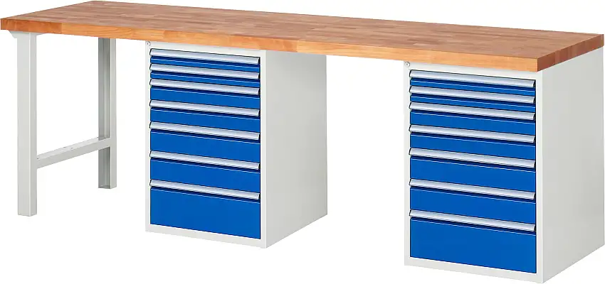 Werkbank Serie 7000 - Modell 7517 | HxBxT 89x250x70cm | 14x Schublade | Schubladenmaße 4x60 + 4x90 + 4x120 + 2x180mm | Lichtgrau