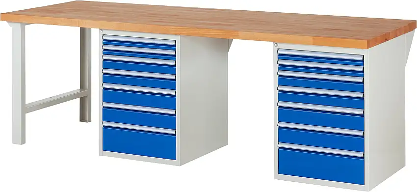 Werkbank Serie 7000 - Modell 7517 | HxBxT 89x250x90cm | 14x Schublade | Schubladenmaße 4x60 + 4x90 + 4x120 + 2x180mm | Lichtgrau