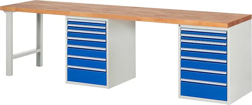 Werkbank Serie 7000 - Modell 7517 | HxBxT 84x300x70cm | 14x Schublade | Schubladenmaße 4x60 + 4x90 + 4x120 + 2x180mm | Lichtgrau