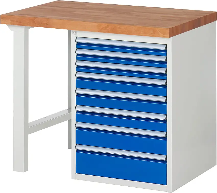 Werkbank Serie 7000 - Modell 7519 | HxBxT 84x100x70cm | 8x Schublade | Schubladenmaße 3x60 + 3x90 + 1x120 + 1x150mm | Lichtgrau