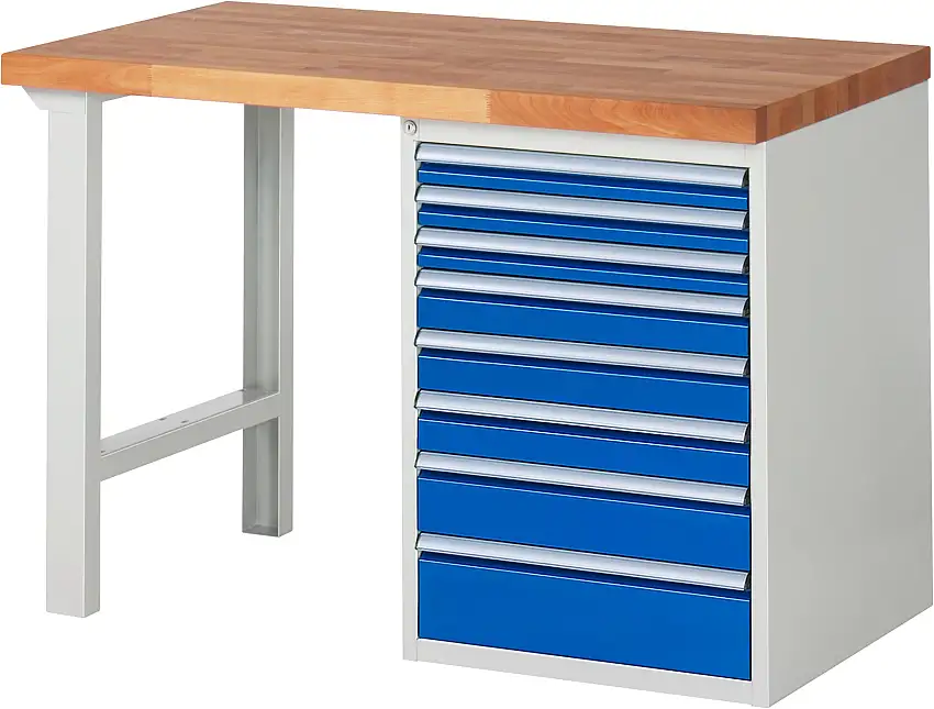 Werkbank Serie 7000 - Modell 7519 | HxBxT 84x125x70cm | 8x Schublade | Schubladenmaße 3x60 + 3x90 + 1x120 + 1x150mm | Lichtgrau