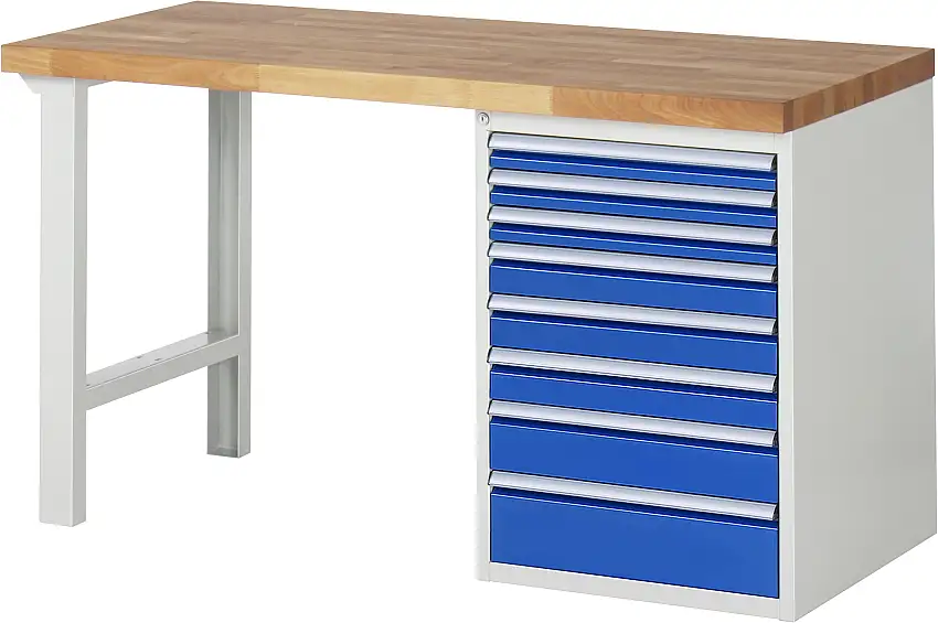 Werkbank Serie 7000 - Modell 7519 | HxBxT 84x150x70cm | 8x Schublade | Schubladenmaße 3x60 + 3x90 + 1x120 + 1x150mm | Lichtgrau