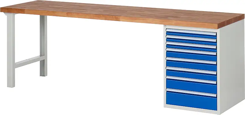 Werkbank Serie 7000 - Modell 7519 | HxBxT 84x250x70cm | 8x Schublade | Schubladenmaße 3x60 + 3x90 + 1x120 + 1x150mm | Lichtgrau