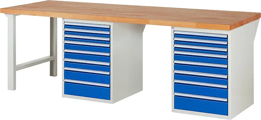 Werkbank Serie 7000 - Modell 7519 | HxBxT 89x250x90cm | 16x Schublade | Schubladenmaße 6x60 + 6x90 + 2x120 + 2x150mm | Lichtgrau