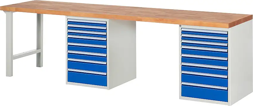 Werkbank Serie 7000 - Modell 7519 | HxBxT 84x300x70cm | 16x Schublade | Schubladenmaße 6x60 + 6x90 + 2x120 + 2x150mm | Lichtgrau
