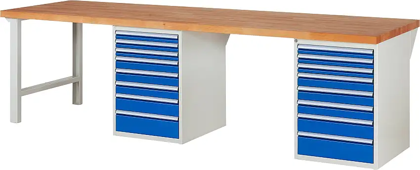 Werkbank Serie 7000 - Modell 7519 | HxBxT 84x300x90cm | 16x Schublade | Schubladenmaße 6x60 + 6x90 + 2x120 + 2x150mm | Lichtgrau