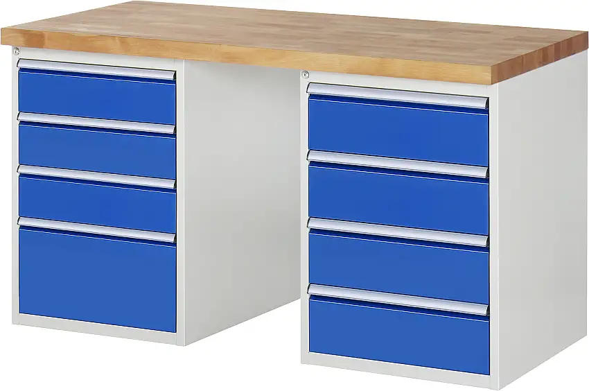 Werkbank Serie 7000 - Modell 7820 | HxBxT 84x150x70cm | 8x Schublade | Schubladenmaße 3x150 + 4x180 + 1x270mm | Lichtgrau