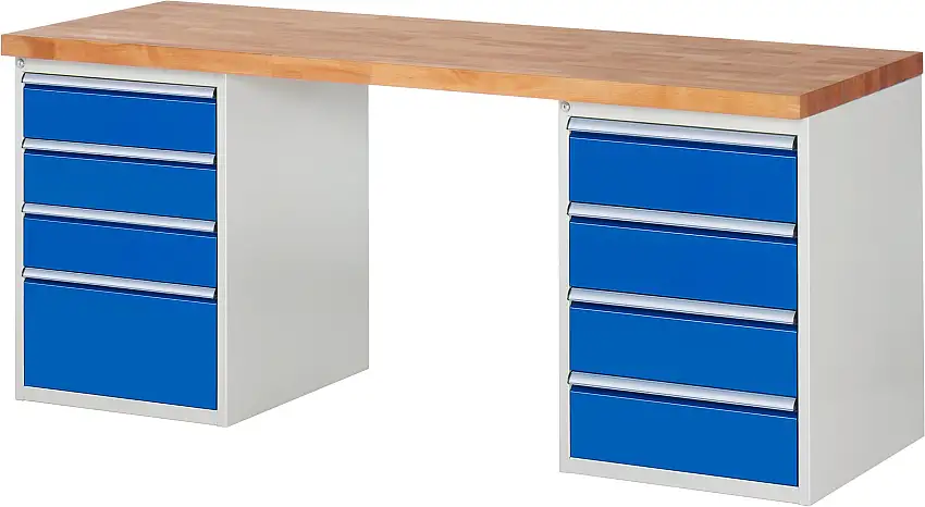 Werkbank Serie 7000 - Modell 7820 | HxBxT 89x200x70cm | 8x Schublade | Schubladenmaße 3x150 + 4x180 + 1x270mm | Lichtgrau