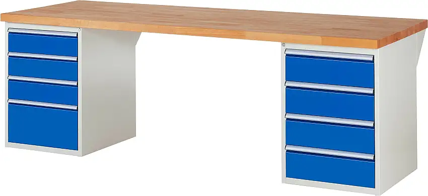 Werkbank Serie 7000 - Modell 7820 | HxBxT 89x250x90cm | 8x Schublade | Schubladenmaße 3x150 + 4x180 + 1x270mm | Lichtgrau