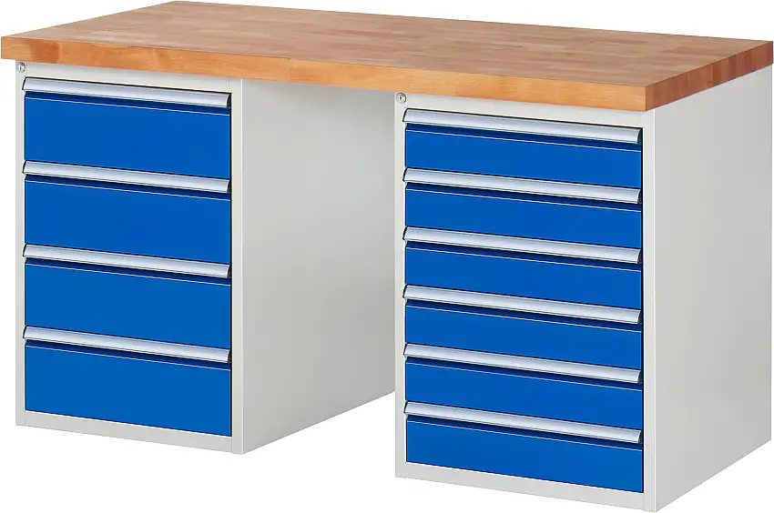 Werkbank Serie 7000 - Modell 7821 | HxBxT 84x150x70cm | 10x Schublade | Schubladenmaße 6x120 + 4x180mm | Lichtgrau