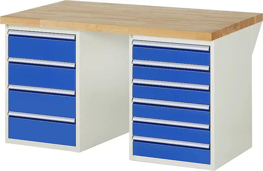 Werkbank Serie 7000 - Modell 7821 | HxBxT 84x150x90cm | 10x Schublade | Schubladenmaße 6x120 + 4x180mm | Lichtgrau