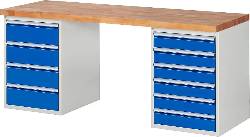Werkbank Serie 7000 - Modell 7821 | HxBxT 84x200x70cm | 10x Schublade | Schubladenmaße 6x120 + 4x180mm | Lichtgrau