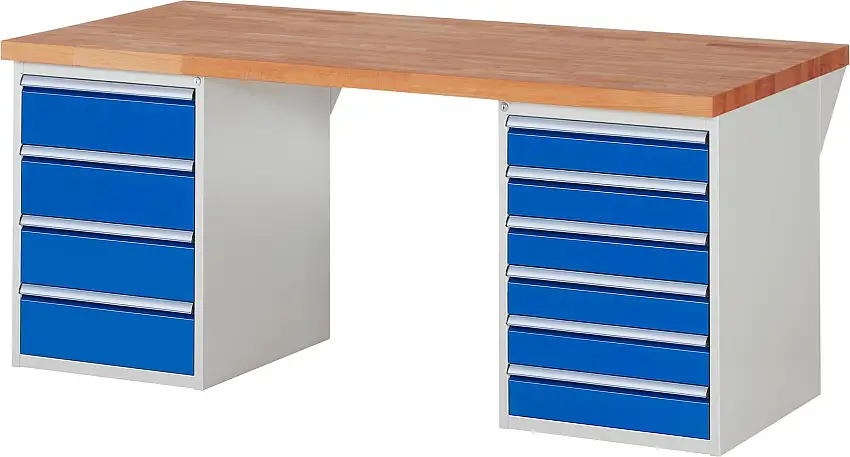 Werkbank Serie 7000 - Modell 7821 | HxBxT 89x200x90cm | 10x Schublade | Schubladenmaße 6x120 + 4x180mm | Lichtgrau