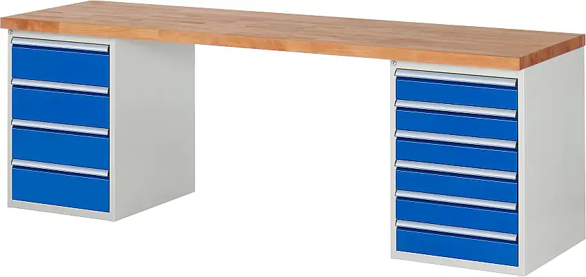 Werkbank Serie 7000 - Modell 7821 | HxBxT 89x250x70cm | 10x Schublade | Schubladenmaße 6x120 + 4x180mm | Lichtgrau