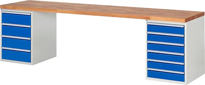 Werkbank Serie 7000 - Modell 7821 | HxBxT 89x300x70cm | 10x Schublade | Schubladenmaße 6x120 + 4x180mm | Lichtgrau