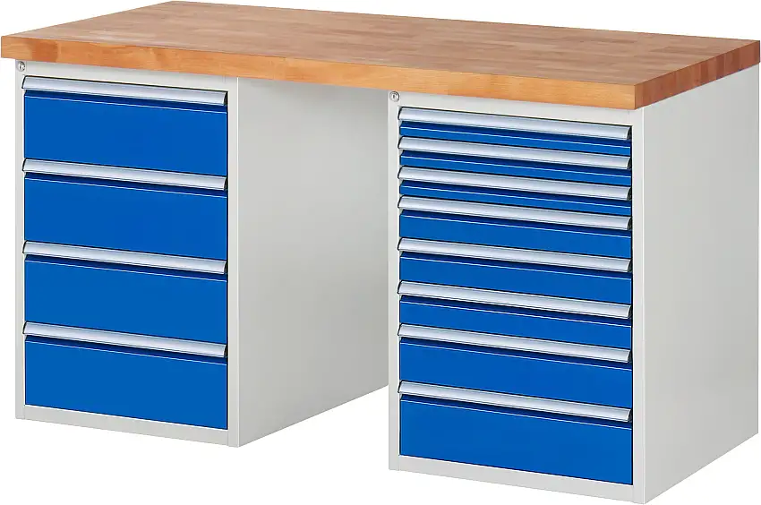 Werkbank Serie 7000 - Modell 7822 | HxBxT 89x150x70cm | 12x Schublade | Schubladenmaße 3x60 + 3x90 + 1x120 + 4x180mm | Lichtgrau