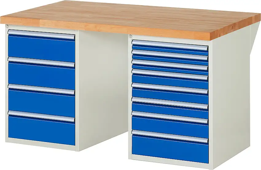 Werkbank Serie 7000 - Modell 7822 | HxBxT 89x150x90cm | 12x Schublade | Schubladenmaße 3x60 + 3x90 + 1x120 + 4x180mm | Lichtgrau
