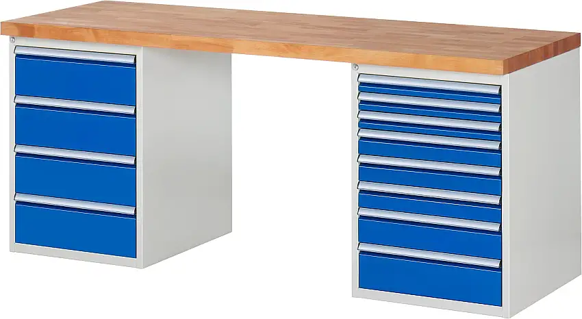 Werkbank Serie 7000 - Modell 7822 | HxBxT 84x200x70cm | 12x Schublade | Schubladenmaße 3x60 + 3x90 + 1x120 + 4x180mm | Lichtgrau