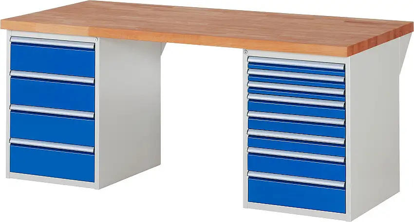 Werkbank Serie 7000 - Modell 7822 | HxBxT 89x200x90cm | 12x Schublade | Schubladenmaße 3x60 + 3x90 + 1x120 + 4x180mm | Lichtgrau