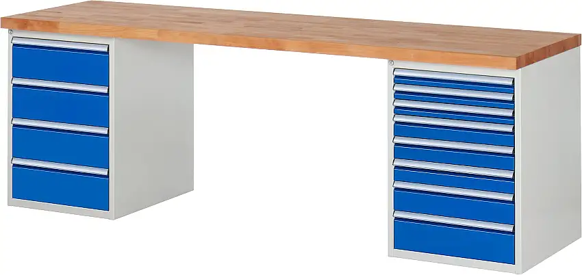 Werkbank Serie 7000 - Modell 7822 | HxBxT 89x250x70cm | 12x Schublade | Schubladenmaße 3x60 + 3x90 + 1x120 + 4x180mm | Lichtgrau