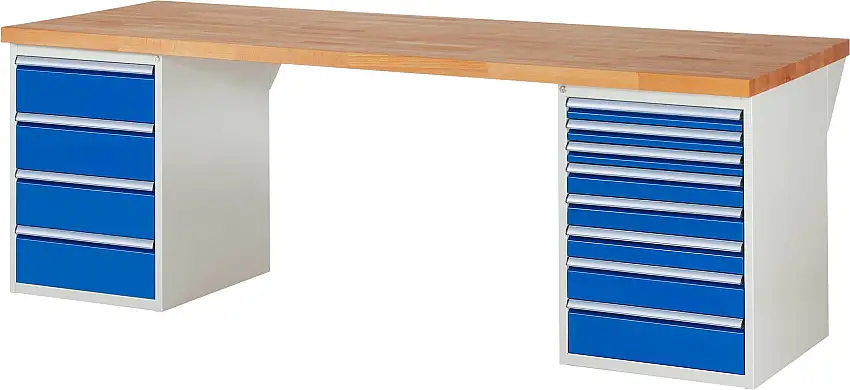 Werkbank Serie 7000 - Modell 7822 | HxBxT 84x250x90cm | 12x Schublade | Schubladenmaße 3x60 + 3x90 + 1x120 + 4x180mm | Lichtgrau