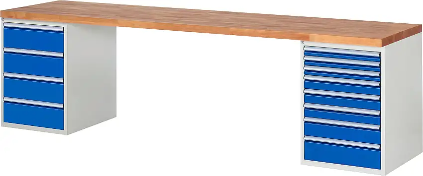 Werkbank Serie 7000 - Modell 7822 | HxBxT 89x300x70cm | 12x Schublade | Schubladenmaße 3x60 + 3x90 + 1x120 + 4x180mm | Lichtgrau