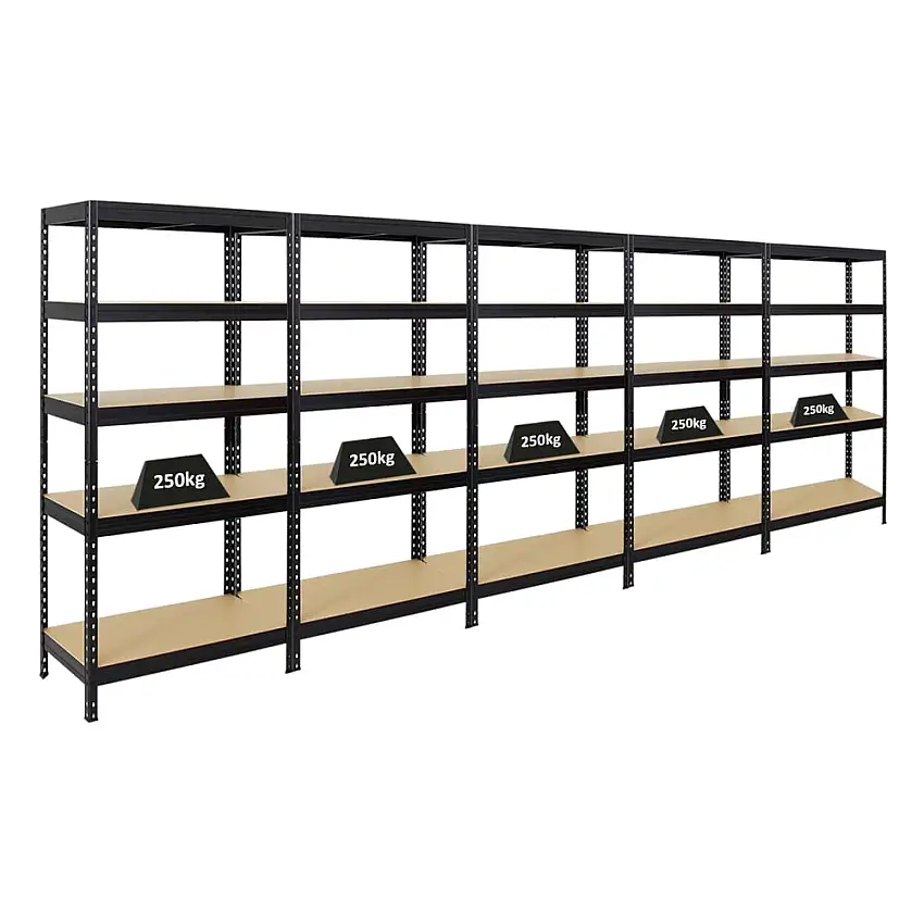Mega Deal | 5x Schwerlastregal Rivet | HxBxT 180x90x45 cm | Fachlast 250kg | Schwarz