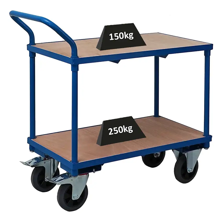 Profi Tischwagen mit 2 Etagen | HxBxT 95x97x50cm | Traglast 400kg | Vollgummibereifung, 2x Lenkrollen mit Feststellbremse & 2x Bockrollen | Lichtblau | Transportwagen Etagenwagen Kommissionierwagen