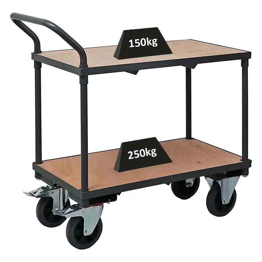 Profi Tischwagen mit 2 Etagen | HxBxT 95x97x50cm | Traglast 400kg | Vollgummibereifung, 2x Lenkrollen mit Feststellbremse & 2x Bockrollen | Grau | Transportwagen Etagenwagen Kommissionierwagen