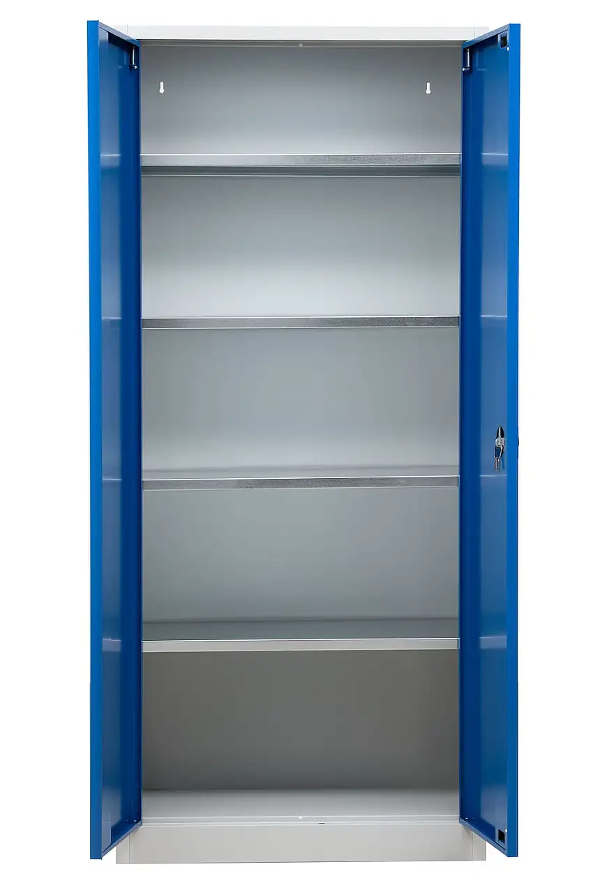 Flügeltürenschrank Badger | 4 Fachböden | Eurolock Griff Sockel | HxBxT 180x80x38 cm | Grau-Blau | Verzinkt